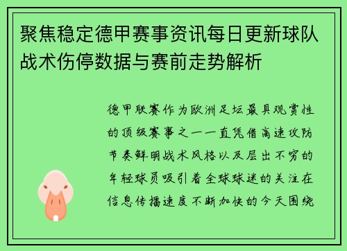 聚焦稳定德甲赛事资讯每日更新球队战术伤停数据与赛前走势解析