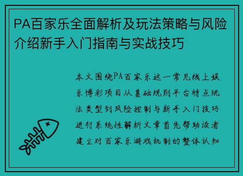 PA百家乐全面解析及玩法策略与风险介绍新手入门指南与实战技巧