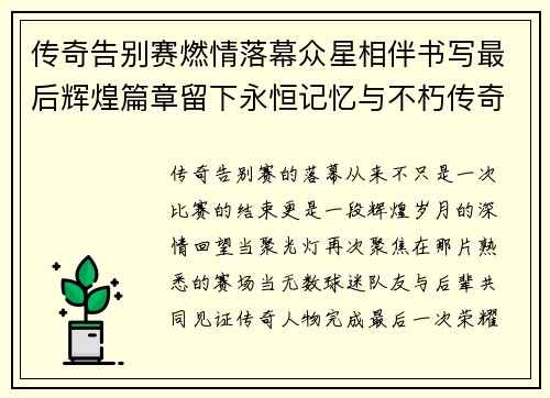 传奇告别赛燃情落幕众星相伴书写最后辉煌篇章留下永恒记忆与不朽传奇 传奇告别赛燃情落幕众星相伴书写最后辉煌篇章留下永恒记忆与不朽传奇