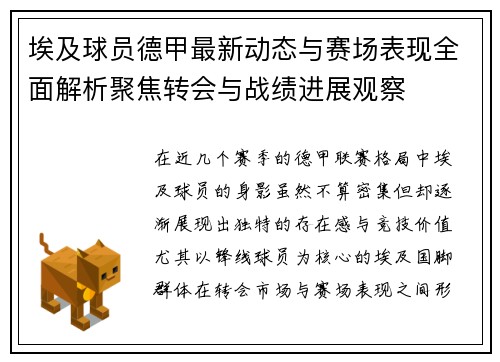 埃及球员德甲最新动态与赛场表现全面解析聚焦转会与战绩进展观察
